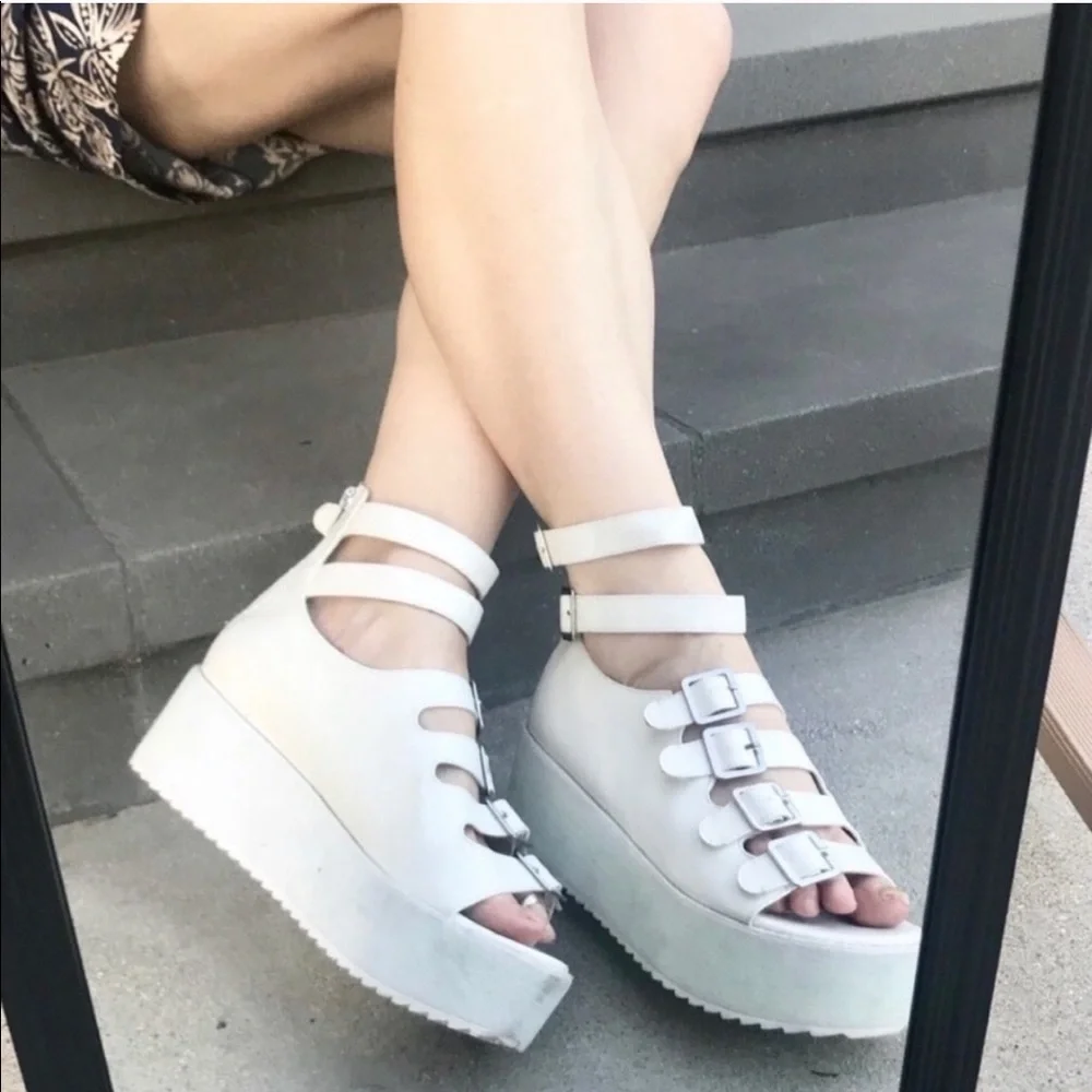 YRU Chunky Platform SANDALS strappy white buckles wedges Heels Y2K 90s Mirage 10
